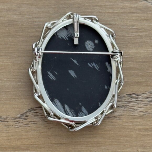 Vintage Brooch Pin Pendant Oval Snowflake Obsidian Stone Silver Tone - Picture 3 of 11